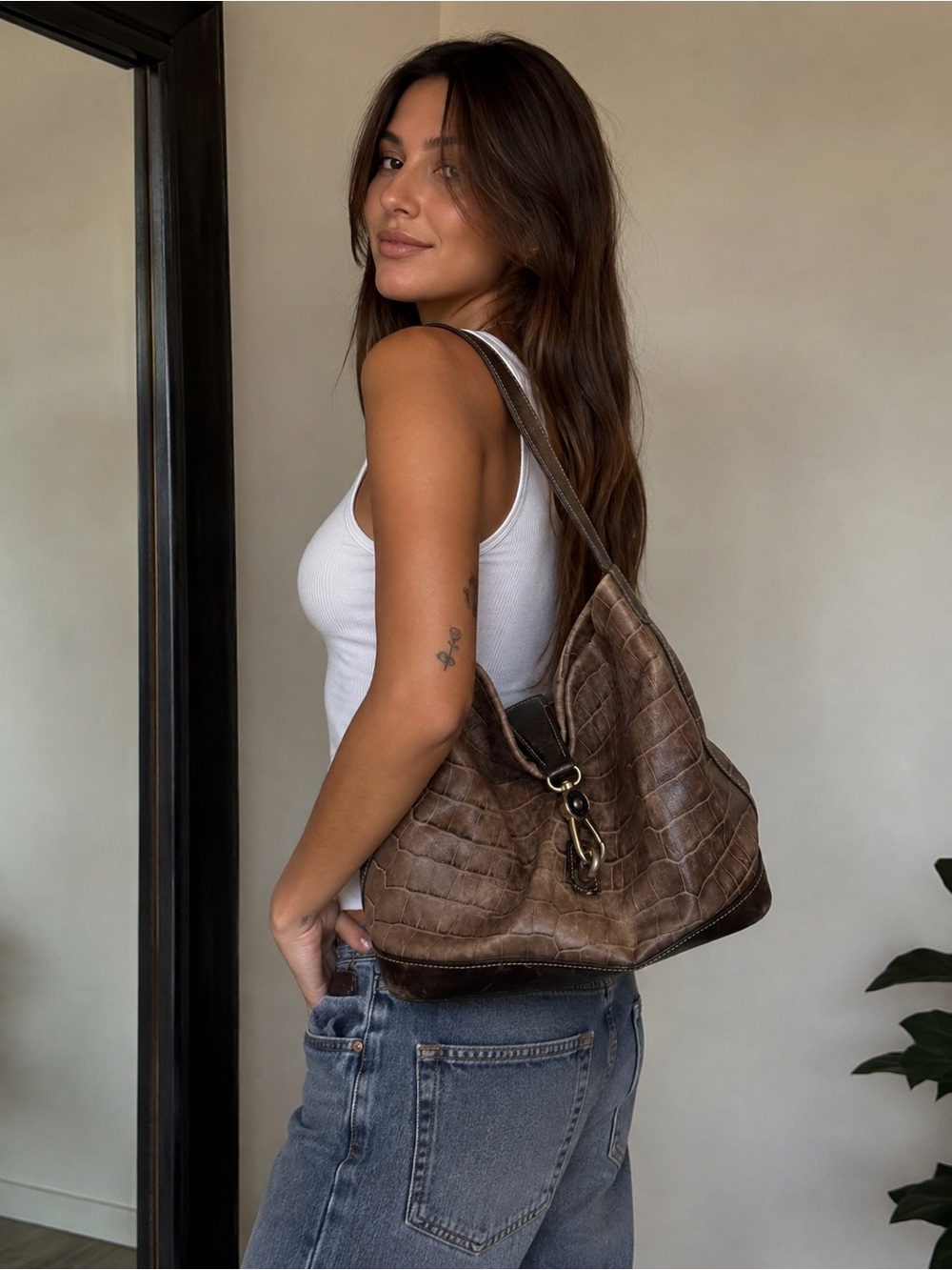 Dooney & Bourke | brown croc-embossed leather hobo bag